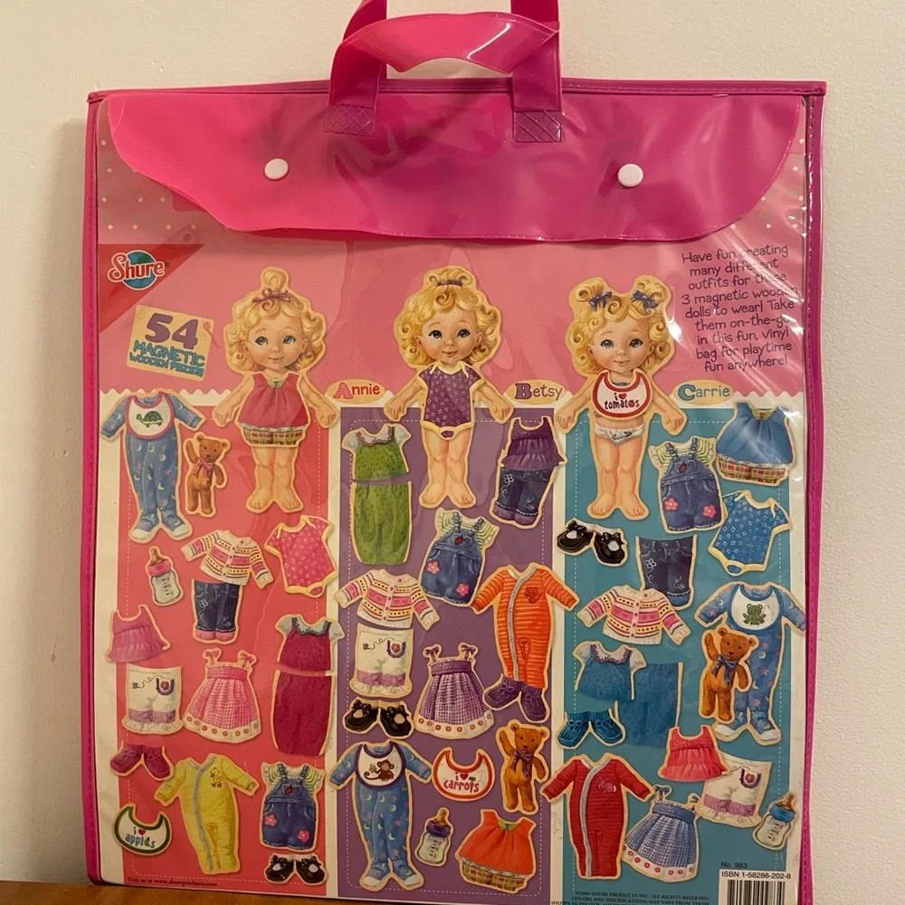 Vintage Wooden Doll Dress Up Set Magnetic Hard Wood Paper Dolls Outfits Tote Bag